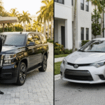 Comparison of luxury chauffeur service vs Uber rideshare in South Florida with professional driver and premium SUV next to standard car