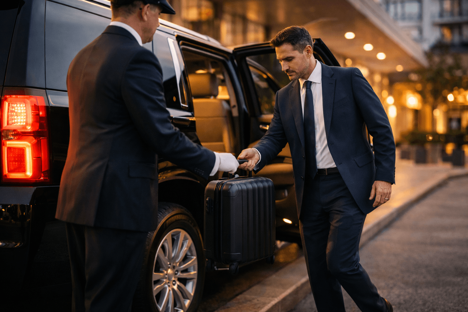 Professional chauffeur handing carry-on luggage to business traveler beside black Chevy Tahoe at airport terminal in Miami